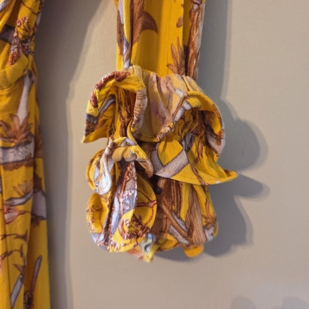 H&M Johanna Ortiz Women's Yellow Floral Boho Frill Summer Midi Crepe Dress Sz XS - Picture 15 of 16